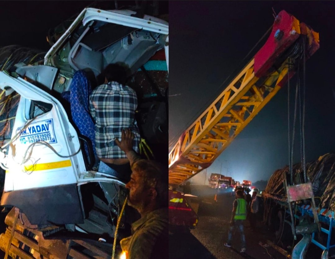 खड़ी ट्रक में तेज रफ्तार ट्रक ने मारा टक्कर, खलासी की मौत, चालक घायल, केबिन में फंसे चालक को निकालने के लिए 2 घंटे तक चलता रहा रेस्क्यू