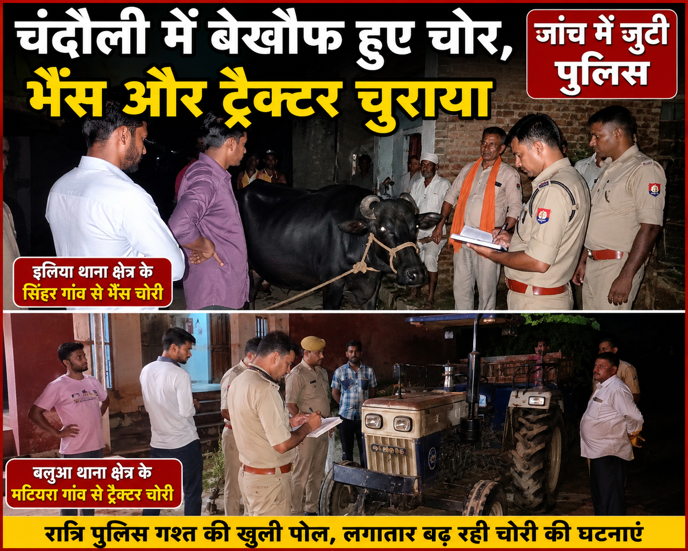 Chandauli Crime: चंदौली में बेखौफ चोर: इलिया में भैंस तो बलुआ में ट्रैक्टर चोरी, रात्रि पुलिस गश्त पर उठे सवाल
