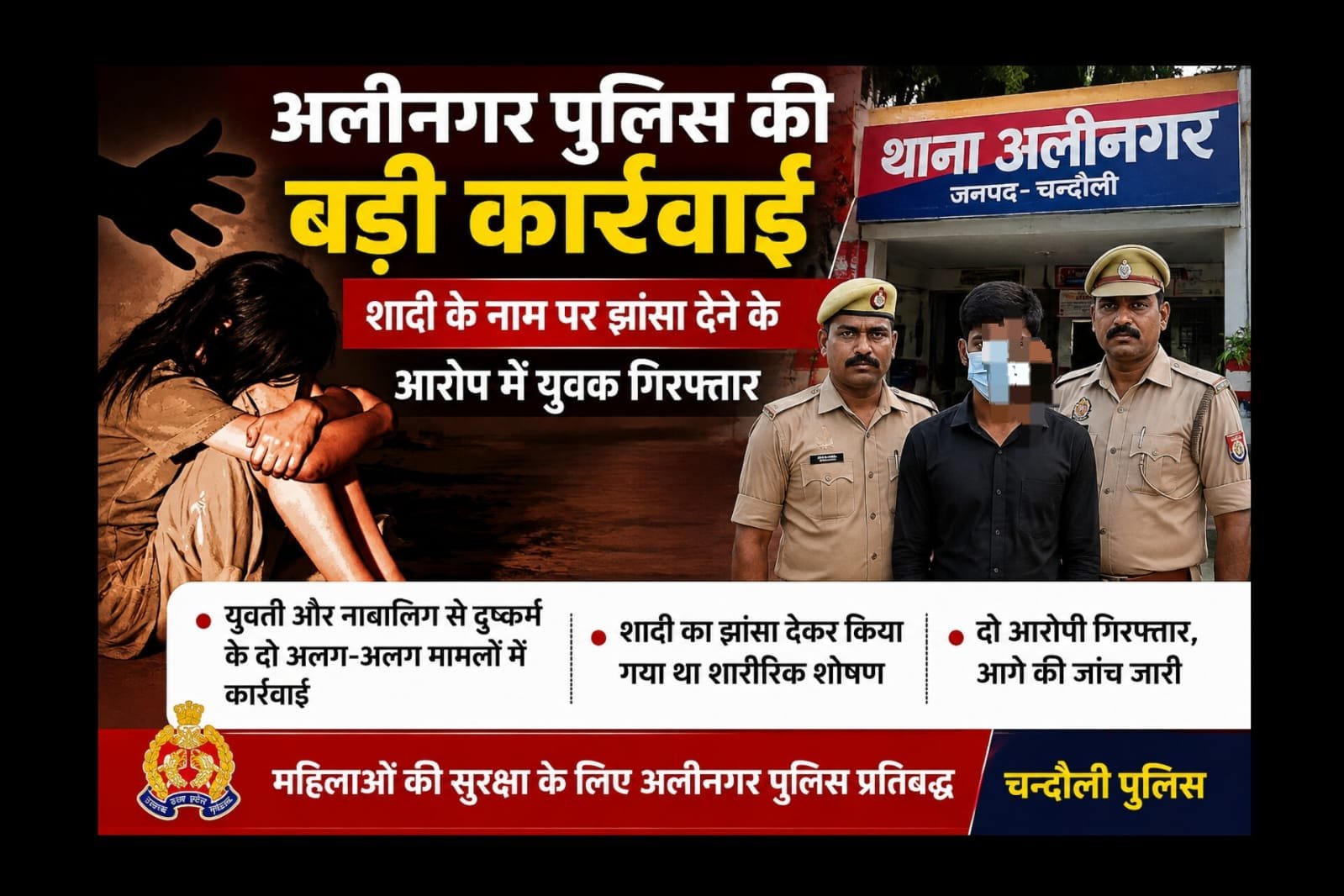 Chandauli Crime: शादी का झांसा देकर युवती और नाबालिग से दुष्कर्म के आरोप में दो गिरफ्तार, अलीनगर पुलिस की बड़ी कार्रवाई