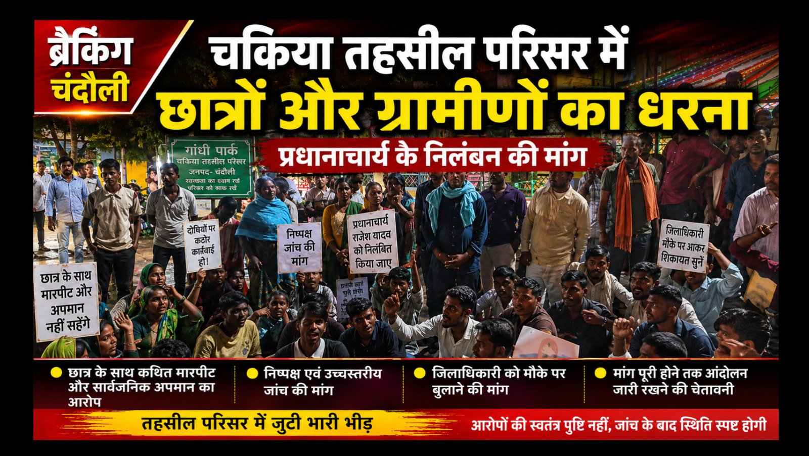 Chandauli News: प्रधानाचार्य पर कार्रवाई की मांग को लेकर चकिया तहसील में गरजे छात्र-ग्रामीण, जमकर किया प्रदर्शन