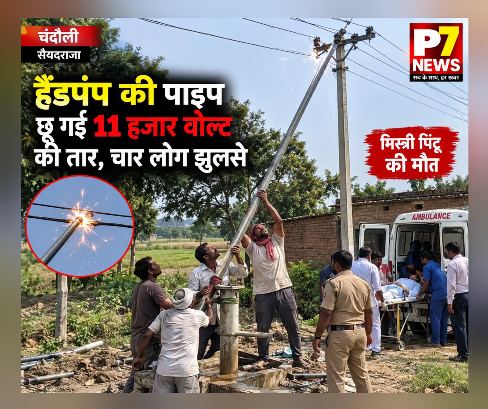 Chandauli News: सैयदराजा में बड़ा हादसा: 20 फीट लंबी पाइप ने छू लिया 11 हजार वोल्ट का तार, करंट की चपेट में आए चार लोग; अस्पताल पहुंचते ही मिस्त्री पिंटू ने तोड़ा दम