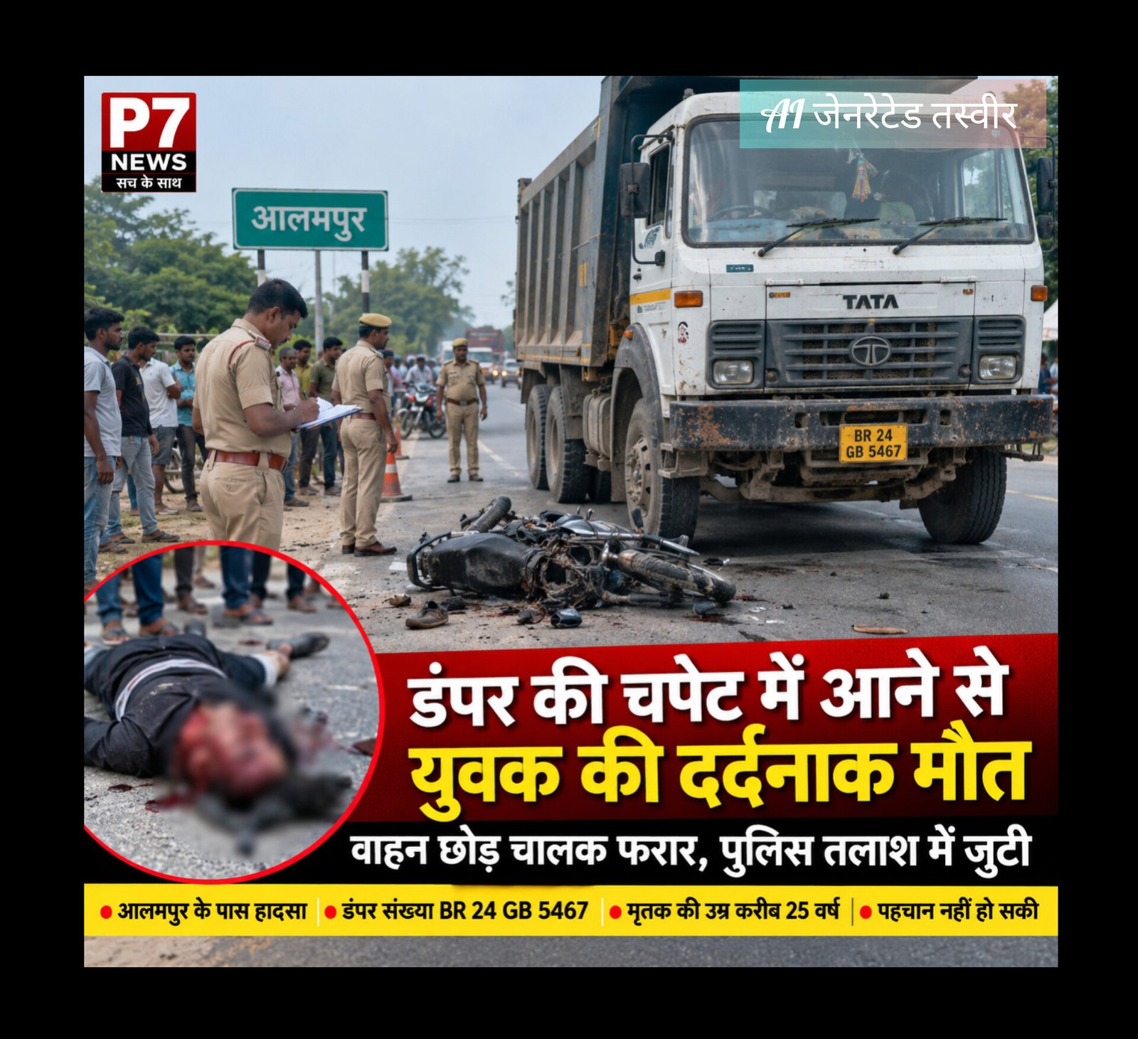 Chandauli News: आलमपुर में दर्दनाक हादसा, डंपर ने बाइक सवार युवक को कुचला—मौके पर मौत, दूसरा घायल, चालक फरार