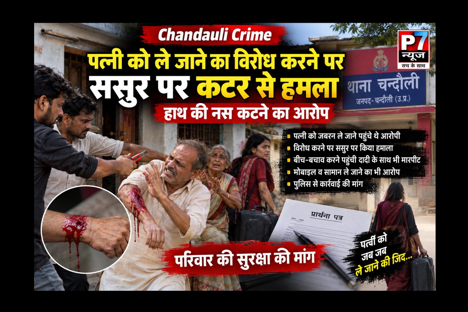 Chandauli Crime: पत्नी को ले जाने से रोका तो ससुर पर कटर से जानलेवा हमला! हाथ की नस कटने का आरोप, परिवार में मचा हड़कंप